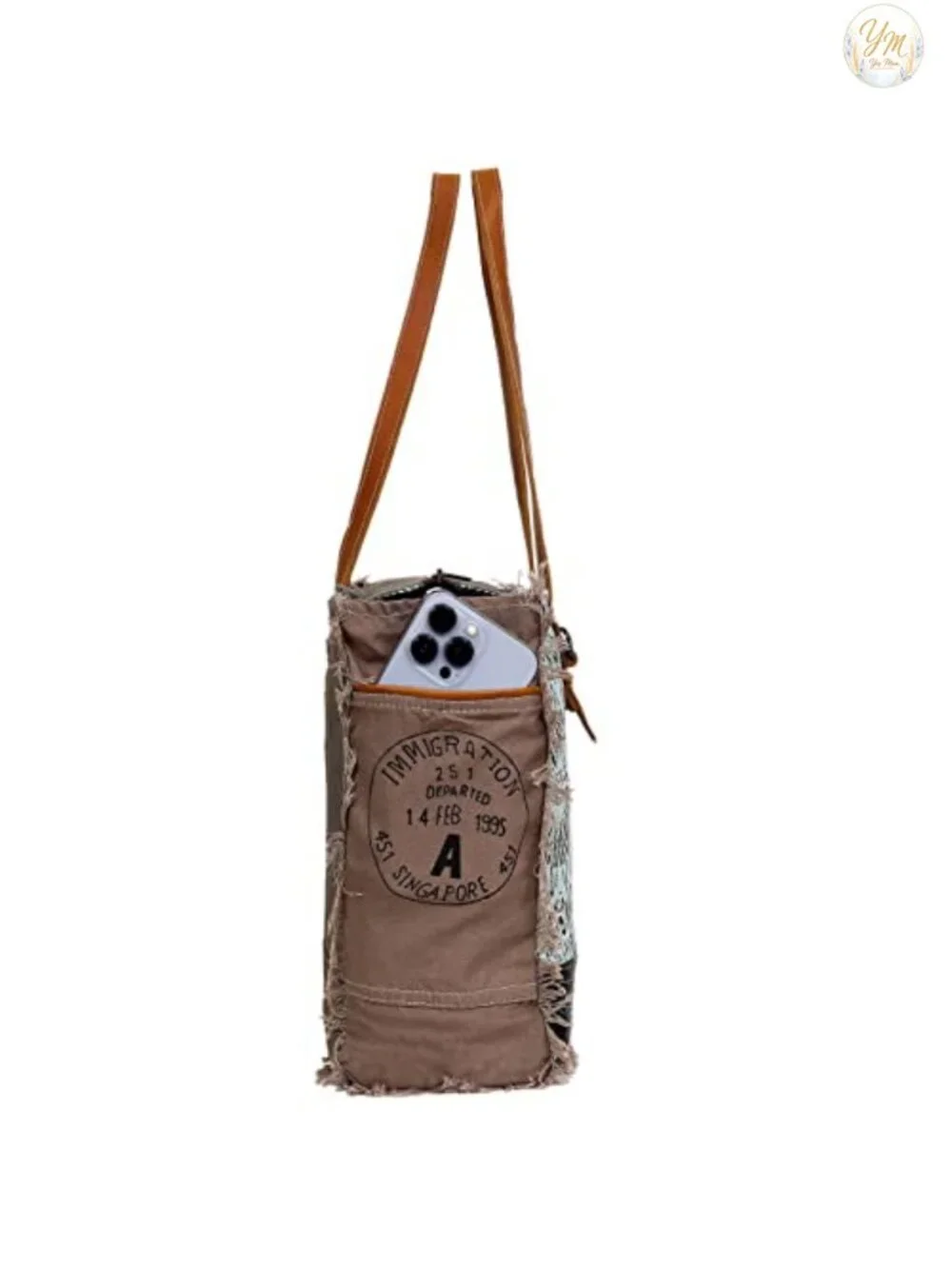 Large Canvas Tote Bag with Cowhide Hair On Leather, Shoulder Handbag for Women,